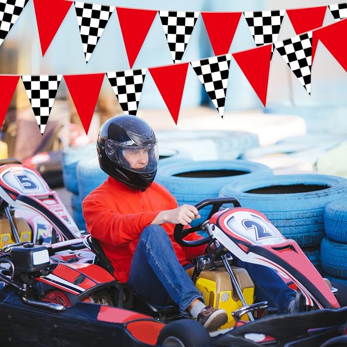 Tiamon 5 Pcs Racing Car Flag Banner Party Decorations Red Black White Checkered Triangle 49.2 Ft Flag Race Car Pennant Banner Garland Streamer for Birthday Baby Shower 2nd Two Fast Party Supply
