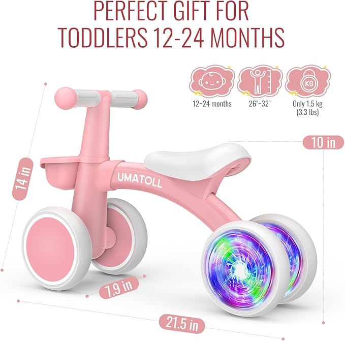 Umatoll Colorful Lighting Baby Balance Bike Toys for 1 Year Old Girl Gifts, Adjustable Seat, First Birthday Gifts, 12-24 Months Toddler Bike, New Pink