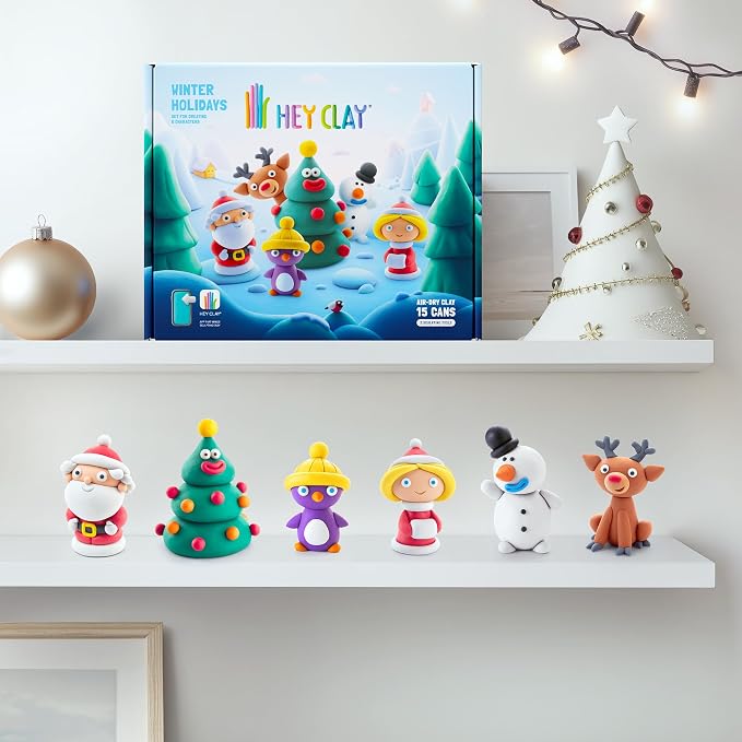 HEY CLAY Set - Colourful Modeling Air Dry Clay Kit for Kids 15 cans and Sculpting Tools with Fun Interactive Instructions App - Children 3+ (Winter Holidays)