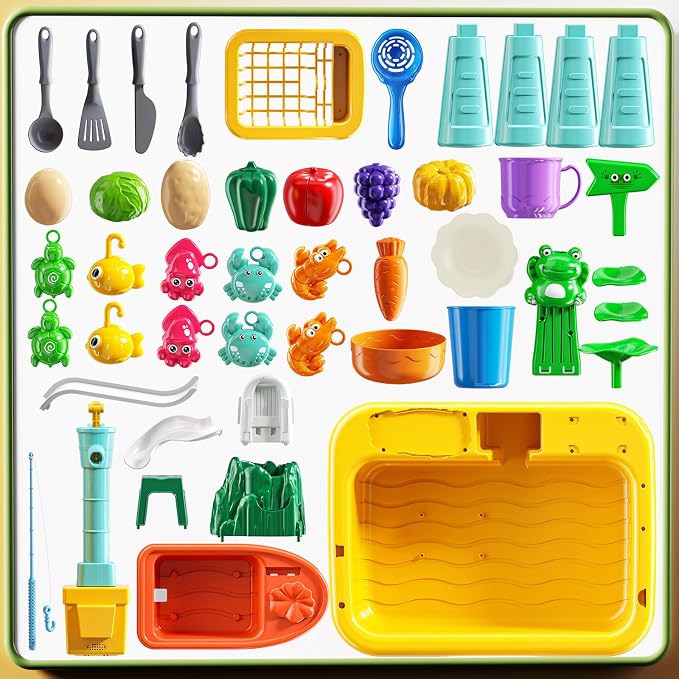 Kids Water Table Play Toy for Toddlers 1-3 4-8 Years Old - Kitchen Sink with Pump and Flowing Water, Fishing Games, Outside Sensory Gift Toys for Boys and Girls 2 3 4 5 6 7 8