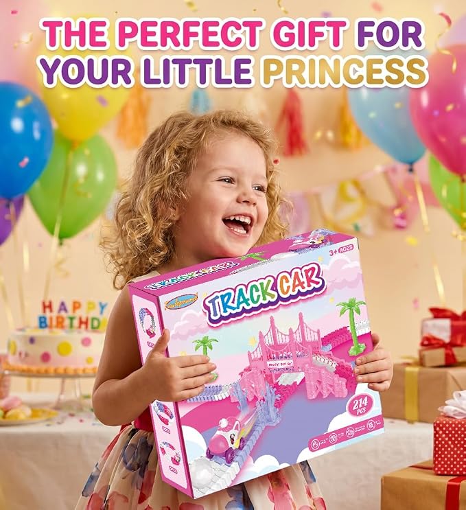 Race Car Tracks Toy Set for Girls Age 3-8, 214PCS Pink Princess Cars Toys | with Monster Truck & Magic Bendable Train Tracks, Flexible DIY Raceway Set for Toddler Girls Christmas Birthday Gifts