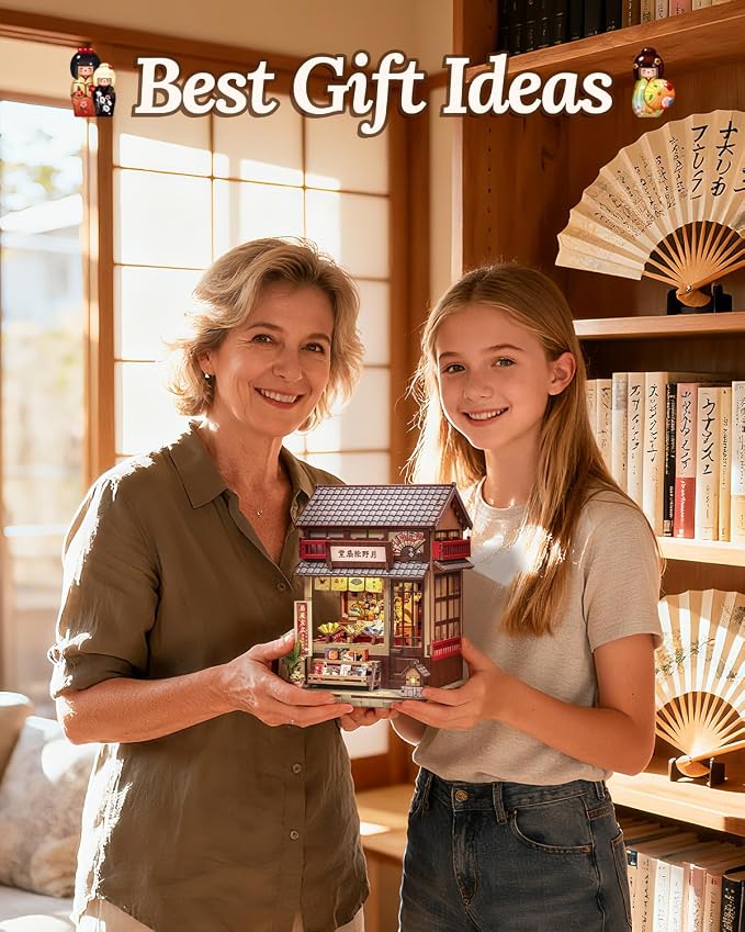Book Nook Kit - DIY Miniature Japanese Fan House, 3D Wooden Puzzle Dollhouse with LED Lights, Tiny Bookend & Creative Bookshelf Decor, Crafts Gifts for Adults