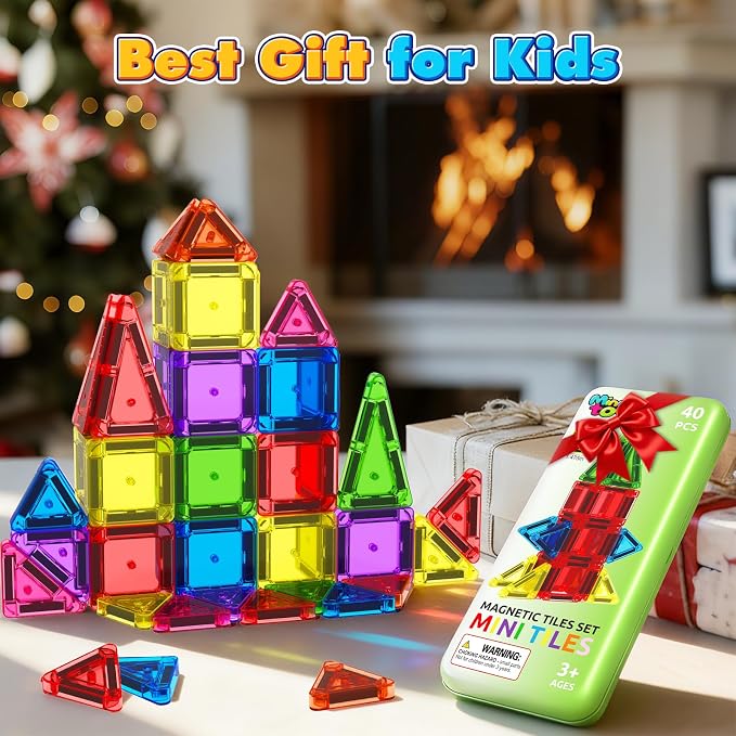 40PCS Mini Magnetic Tiles Toddler Travel Essentials Toys with Case Set, Magnetic Building Blocks Kids Games, Montessori Preschool Education Sensory Toys for 3 4 5 Year Old Boys Girls Birthday Gifts