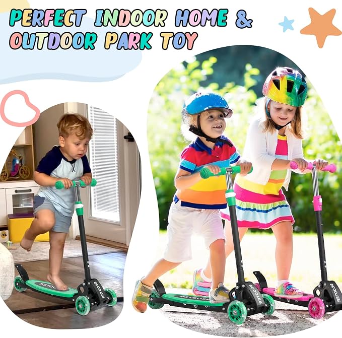 3 Wheel Kids Kick Scooter for Ages 3-12, Lean-to-Steer, Light-Up Wheels, 3-Level Adjustable Handlebar 27.5”-33”, Wide Non-Slip Deck, Dual Rear Brake,Travel Foldable, for Boys & Girls Toy Gifts