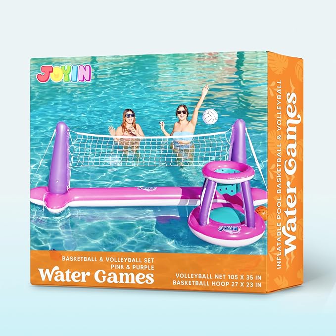 JOYIN Inflatable Pool Float Set Volleyball Net & Basketball Hoops, Floating Swimming Game Toy Floaties for Kids and Adults Volleyball Court (105”x28”x35”)|Basketball (27”x23”x27”),L-Pink Purple