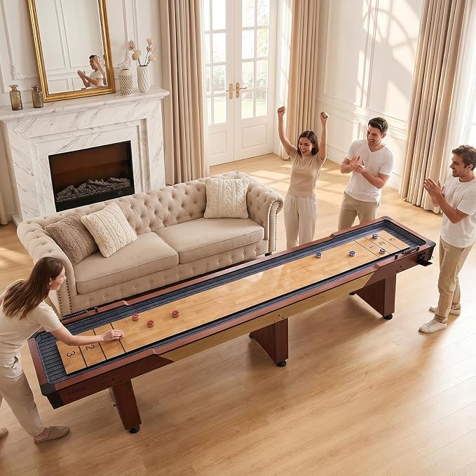 VEVOR 7ft 9ft 12ft Shuffleboard Table 2 in 1 Shuffleboard and Bowling Combo Set, Shuffle Board with Scratch-Resistant Playfield, Pucks, Bowling Set, Wax, Brush for Family Game Rooms