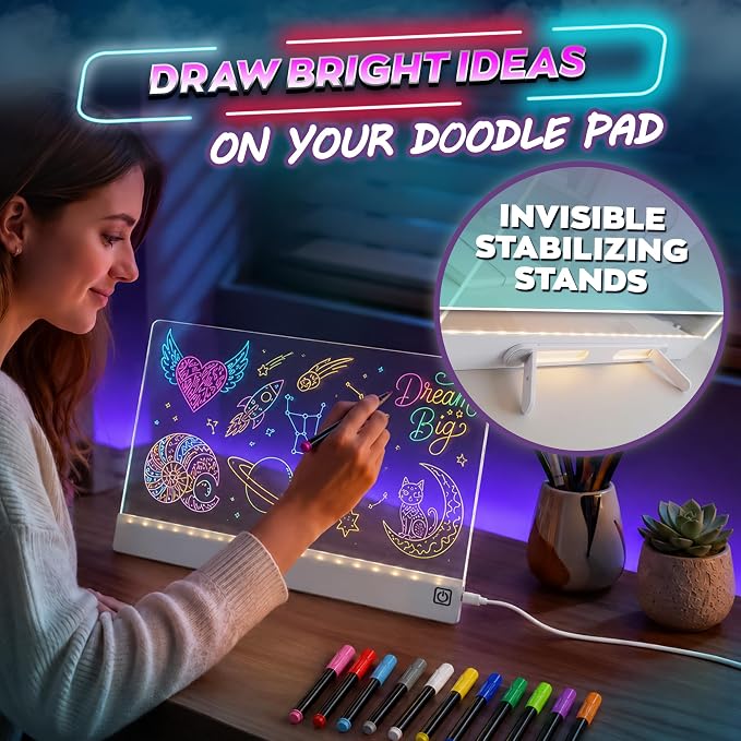 Upgraded 16 Inches LED Drawing Board – Rechargeable, 8 Colors, 11 Light Modes, Adjustable Brightness – Acrylic Light Board for Tracing with Stand, Markers and Full Kit – Birthday Gift Set (White)