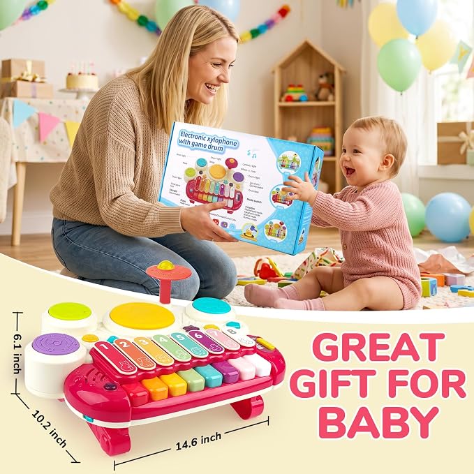 3 in 1 Musical Toys for Toddlers 1-3 Piano Xylophone Drum Set Toys for 1 2 3 Year Old Girls Birthday Music Instruments Baby Learning Developmental Sensory Toys Toddler Toys Age 1-2 2-3