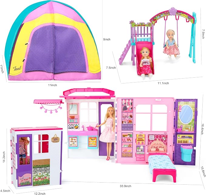 Style Shine Doll House Portable & Foldable Dollhouse w/ 60+ Pcs & 2 Dolls, Play House Toy with Bedroom Kitchen Furniture Camping Playset, Playhouse Gift for Girl Kid Toddler