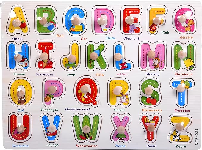 Alphabet Puzzle Wooden for Toddlers 3+ Year Old, ABC Shape Learning Toys with Board & Letter Blocks, 26 Pieces, Preschool Education for Girls and Boys, Large Montessori Style
