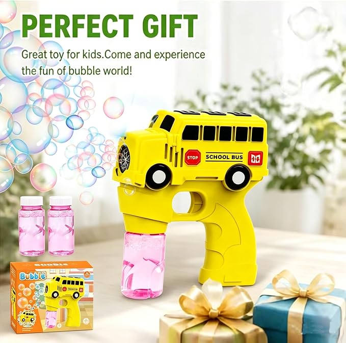 Bubble Gun for Kids Toddlers, School Bus Automatic Bubble Machine with LED Lights, 2 Bubble Solutions Included, Outdoor Toys for Boys Girls 3-8, Birthday Easter Christmas Party Gifts