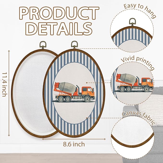 WULQYING Boy Nursery Mixer Truck Wall Art Decor, Boys Room Oval Framed Canvas Art Prints, Blue Striped Construction Vehicle Wall Hanging Decor for Kids Boys Room Bedroom Playroom, 8.6x11.4 Inches