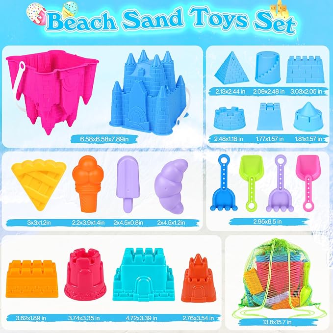 FUSPWEAO Beach Toys Sand Toys for Kids, Sand Castle Toys for Beach with 2 Castle Bucket and Mesh Bag, Sand Molds, Shovels and Rakes, Sandbox Toys for Toddlers, Travel Beach Toys for Kids 3-10