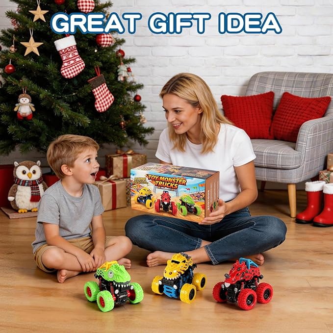 Dinosaur Toys for 2 3 4 5 Year Old Boys - 3 Pack Monster Truck Toys with Friction Power 360° Rotating Push and Go Cars for Toddlers Ages 2-4-6 - Boys Girls Birthday Gifts for Kids 3-5