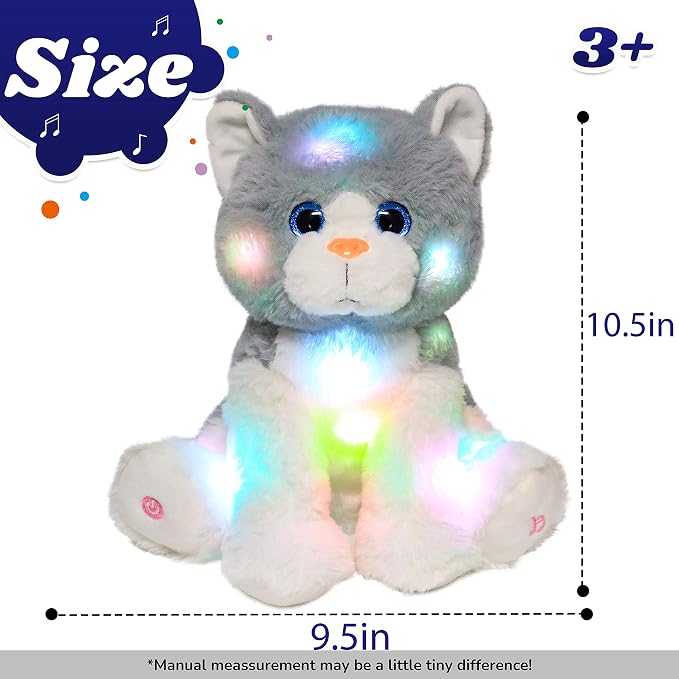 Light-up Singing Plush Cat LED Musical Kitty Stuffed Animal Adjustable Volume Lullaby Plushies Birthday Christmas Toy Gifts for Kids Toddler Girls, 10.5"