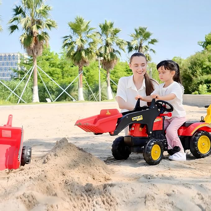 Aosom 3 in1 Kids Ride On Excavator/Bulldozer, Pedal Car Digger Toy Move Forward/Back with 6 Wheels and Detachable Cargo Trailer