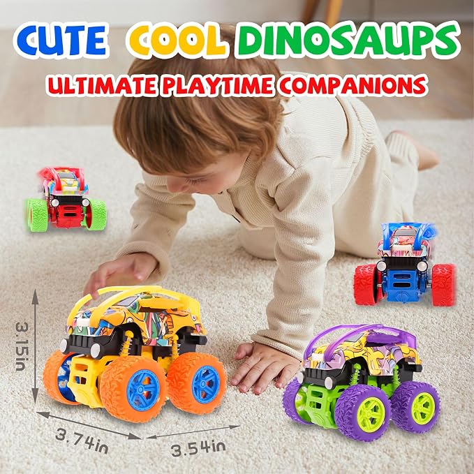 Monster Truck for Boys 3 4 5 6 7 Year Old,4 Pack Push and Go Friction Powered Car Toys, Double-Directions Inertia Pull Back Vehicle Set,Birthday Party Gift for Kids (Type_D)