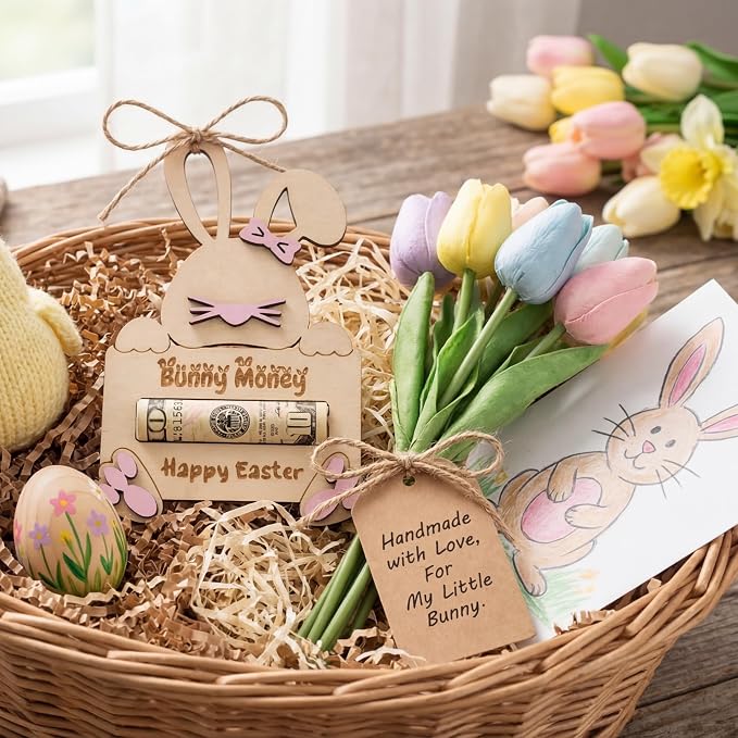 Easter Bunny Money Holder for Cash Gift, Cards Holder Basket Tag, Stuffers for Kids, Children, Teens, Gifts for Boy, Girl, Grandchildren, Pink Easter Basket Decorations & Gifts Ideas