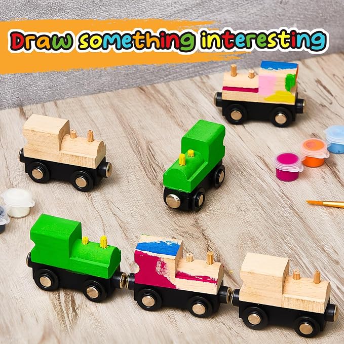 Halloscume 20 Pcs Unfinished DIY Wooden Trains Magnetic Unpainted Wooden Train Cars Toys for Railway Paint Project, Birthday Party Decorations Back to School Crafts Gifts Supplies (Classic)