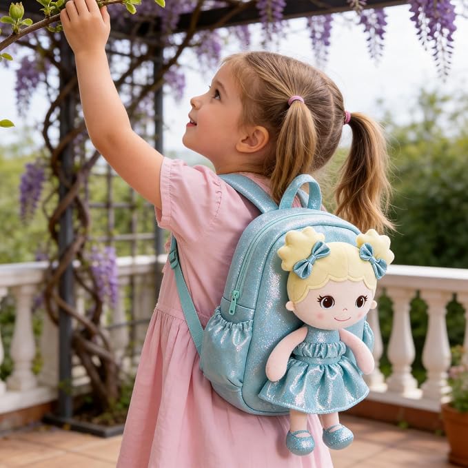Lazada Toddler Backpack - Baby Girl Gifts Curly Fingerprints Plush Doll Dress Backpack - Fashion Girls Curly Rolled Fingerprints Series - Lake Blue 11 Inches