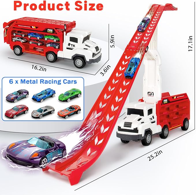 BainGesk Truck Car Toys for 3, 4, 5, 6 Years Old Boys Girls, 25 in Race Track Truck Toys, Foldable 2 Layer Carrier Transport Car with 6 Metal Cars, Birthday Toys Gifts for Toddler