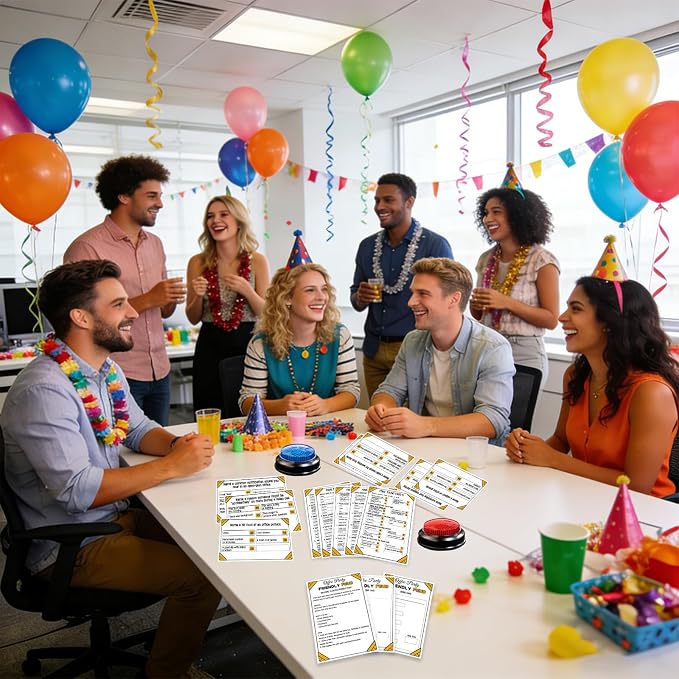 Office Party Friendly Feud Game with 2 Answer Buzzers, Team Building Trivia Quiz Cards for Family Game Night, Work Staff Coworkers Company Groups Holiday Gathering