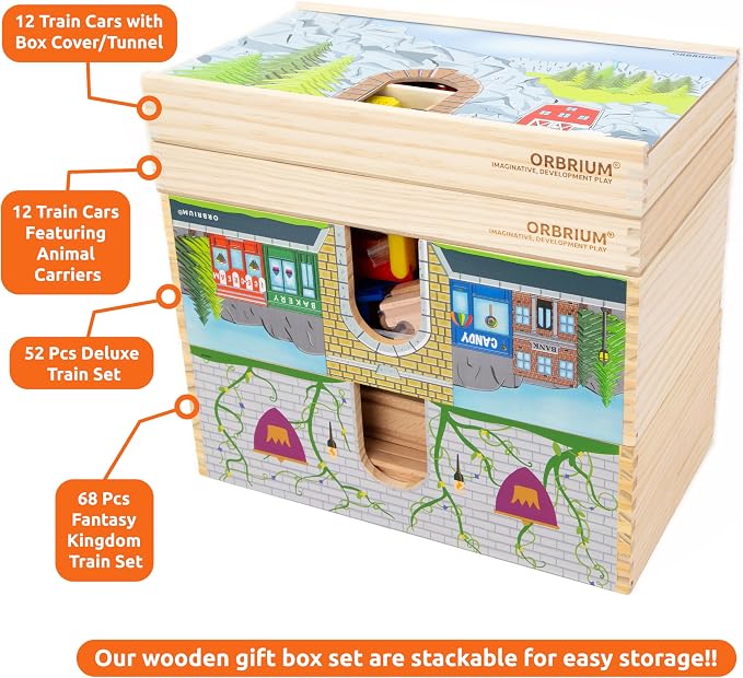 Wooden Train Set 68 PCS Castle Dragon Unicorn Fantasy Kingdom Adventure Playset w/Storage Box Train Toys for Girls Toddlers Grandkids Kids Compatible with Thomas Brio Melissa and Doug