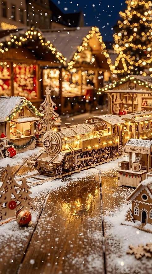 Wood Trick Grand Traveler 246 Wooden Train Set w/Railway - Rides up to 20ft - 16x4″ - Locomotive Model Kit - 3D Wooden Puzzles for Adults to Build - Engineering DIY Models for Adults to Build