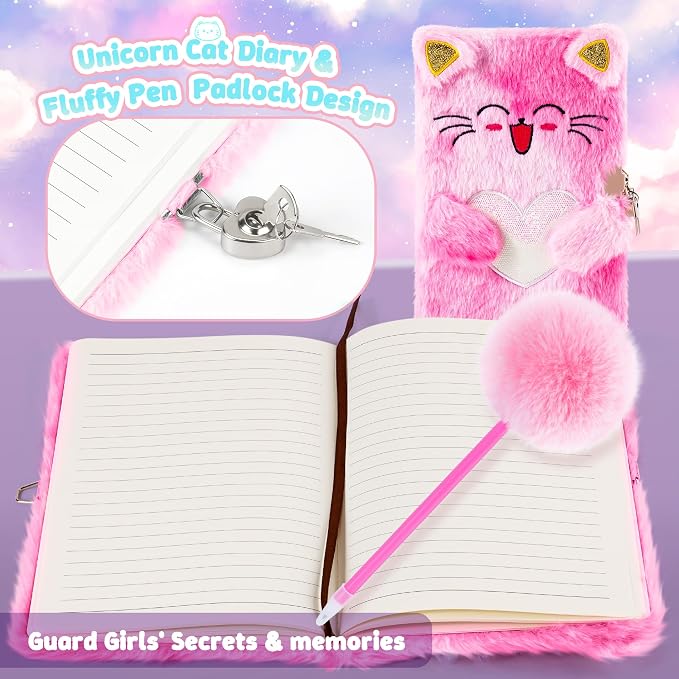 13PCS Unicorn Cat Toys Gifts for Girls 4-6 7 8 9 10 Years Old, Girls Birthday Gifts Set with Light Up Star Pillow DIY Water Bottle Kits, for Daughter Niece Christmas Birthday Baskets for Kids