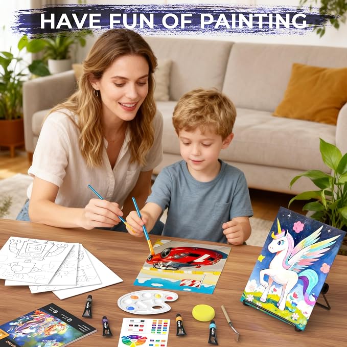 Nicpro 34PCS Kids Painting Set with Pattern Canvas, Art Painting Supplies Kit with 12 Acrylic Paints,10 Brushes,6 Canvas Panels,Table Easel,Paper Pad,Color Wheel,Palette for Beginner Students