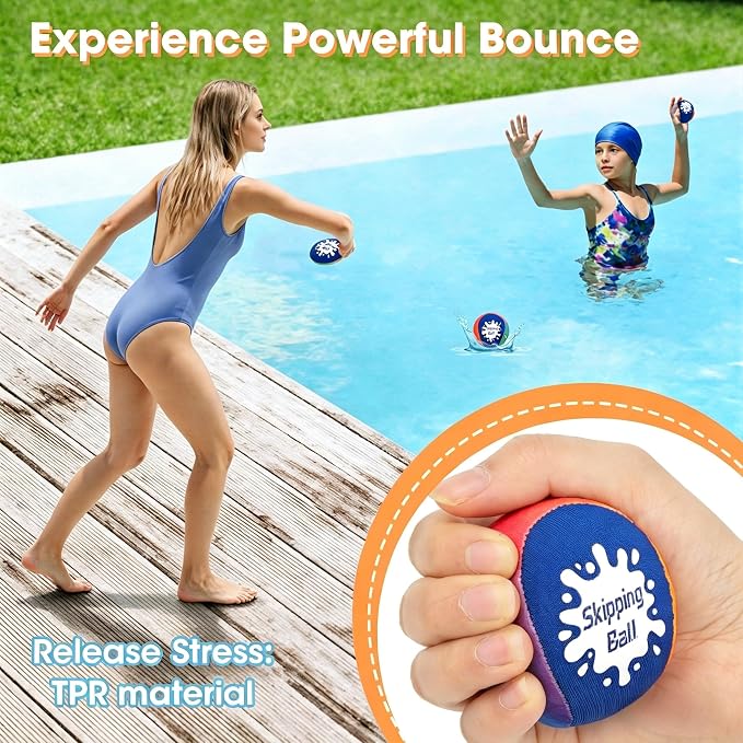 Korlon Skipping Water Balls, 4 Pack Skip Water Bouncing Ball with Mesh Bag, Summer Water Pool Toys for Kids Ages 4-8 8-12 Adults Games Cool Lake Beach Fun