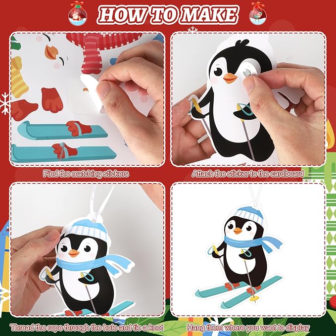PAIVSUN 24Pcs Christmas Craft Kits, DIY Penguin Stickers Cutouts Ornaments Kit, Make Your Own Christmas Craft for Xmas Tree Decorations Winter Party Handcraft Supplies