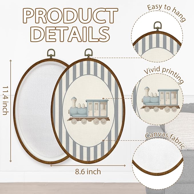 WULQYING Train Boy Nursery Wall Art Decor, Kids Oval Framed Canvas Art Prints, Blue Striped Train Vehicle Wall Hanging Decor for Kids Boy Nursery Room Bedroom Playroom, 8.5x11.4 Inches
