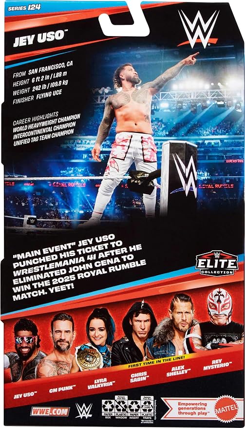 Mattel WWE Elite Action Figure & Accessories, Series #124 Set, 6-inch Collectible Jey USO with 25 Articulation Points & Swappable Hands