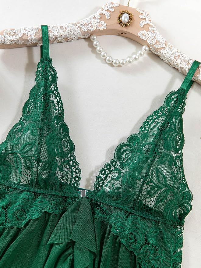 Foxiny Sexy Open Front V Neck Ruffle Sheer Mesh Lace Wireless Babydoll Lingerie Dress with Thong 2 Piece