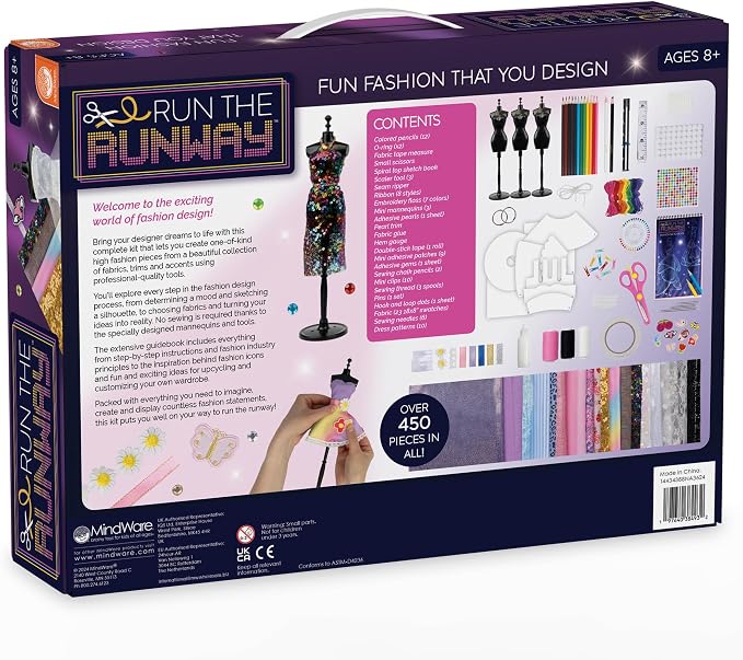 MindWare Fashion Designer Kits Ages 8+ - Run The Runway DIY Craft Kit for Girls - Creative Learning Activity for Kids - Design Dresses