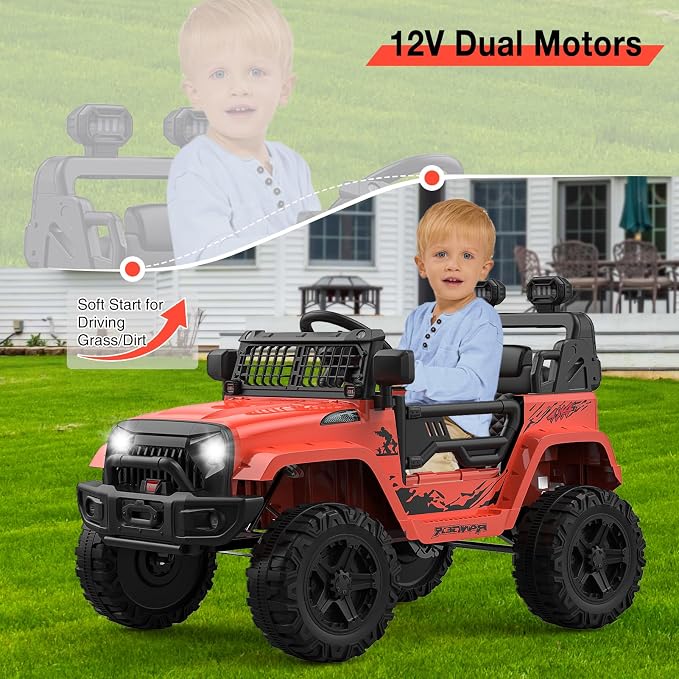GarveeLife 12V Kids Electric Ride On Truck Car w/Parent Remote Control, Spring Suspension, LED Lights & AUX Port | Outdoor Ride Toy for Boys Girls