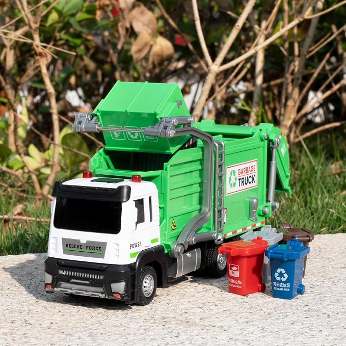 Kids Garbage Recycling Truck Toy, Green Pull-Back Truck Model with Sound & Light, Waste Sorting Learning Cards, Educational Toy, for 3-6 Year Old Boys Girls