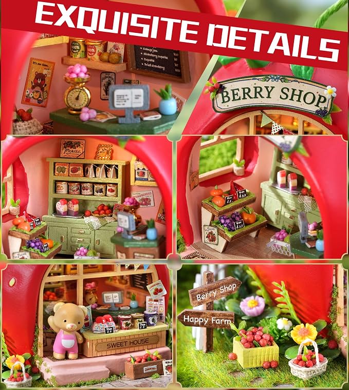 Roroom DIY Miniature House Kit, Bear Berry Shop Book Nook Kit with LED Light,3D Wooden Puzzle Miniature Dollhouse Kit for Bookshelf Decor-Creative Crafts for Family and Friends
