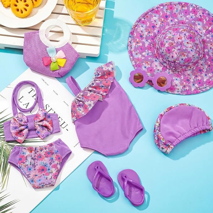 Kajaia 8 Pcs Lavender Purple 18 Inch Doll Clothes and Accessories Doll Swimsuit Dress Flip Flops Hat Outfit Swimsuit Accessories