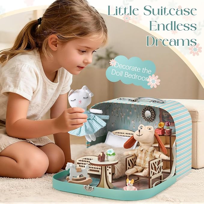 TUZT Portable Dollhouse Suitcase for Ages 3-8, Foldable Bedroom Playset with 21 Wooden Furniture, Cute Animal Dolls & Accessories, Travel-Friendly Pretend Play Toy