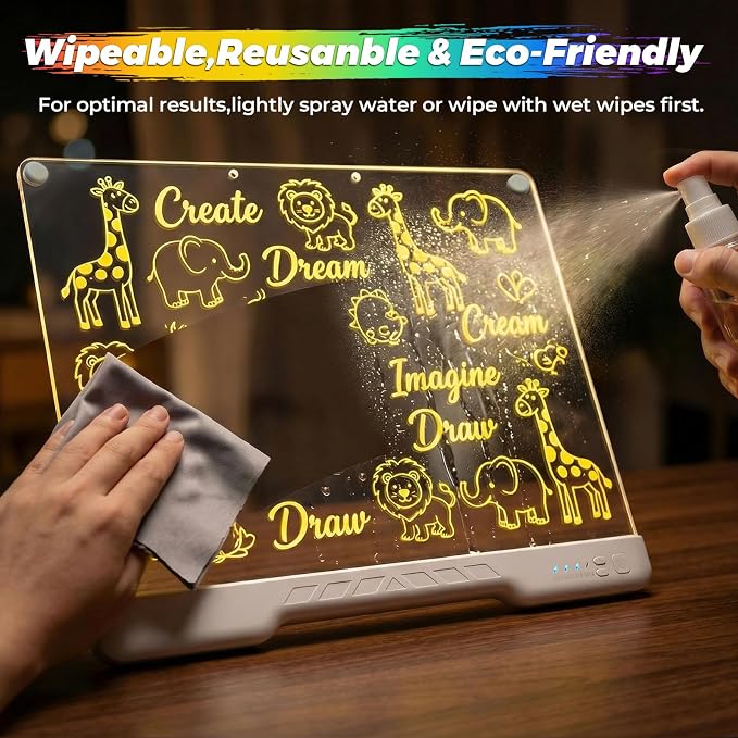 HASSKY Rechargeable LED Drawing Board, 7 Colors 4 Light Modes Glow Doodle Pad, Dry Erase Light Up Note Board with Built-in Stand, 6H Battery Life Art Kit for Kids Girls Boys Birthday Gifts