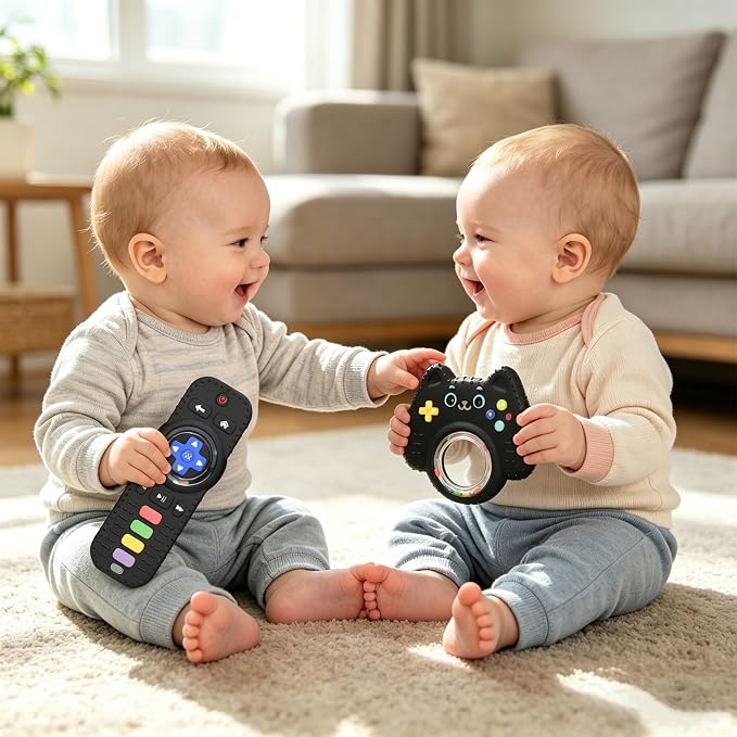 Chuya Baby Toys Baby Remote Control Teething Toys,2 Pack Silicone Teether Rattles for 0 6 12 24 Months Infants, Sensory Development Teething Relief,Black