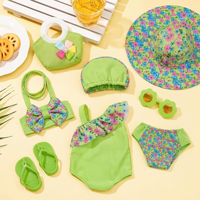 Kajaia 8 Pcs Green 18 Inch Doll Clothes and Accessories Doll Swimsuit Dress Flip Flops Hat Outfit Swimsuit Accessories