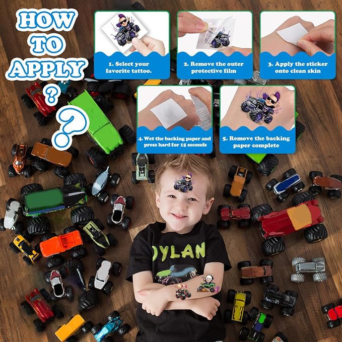 Custom Monster Truck Temporary Tattoos for Kids - Personalized Pre-Cut Face Photo Tattoos - Fun Birthday Party Favors for Boys, Monster Truck Fans - Set of 20 Unique Celebration Gifts