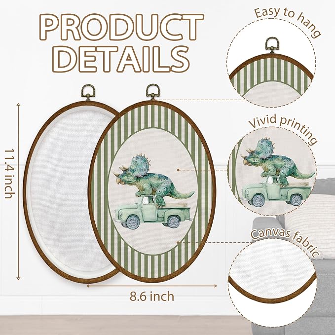 WULQYING Vintage Truck Dinosaur Nursery Wall Art Decor, Kids Room Oval Framed Canvas Art Prints, Green Striped Dino Truck Wall Hanging Decor for Kid Boy Toddler Room Bedroom Playroom, 8.6x11.4 Inches