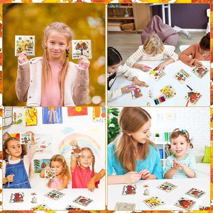 Fall Thanksgiving Wooden Crafts for Kids Autumn Activities Kit Blank Puzzle | 24 Set Thanksgiving wood Jigsaw leaf Turkey Fall Harvest Party Favors Classroom Gift Arts DIY Coloring Game Toy Supplies Bulk