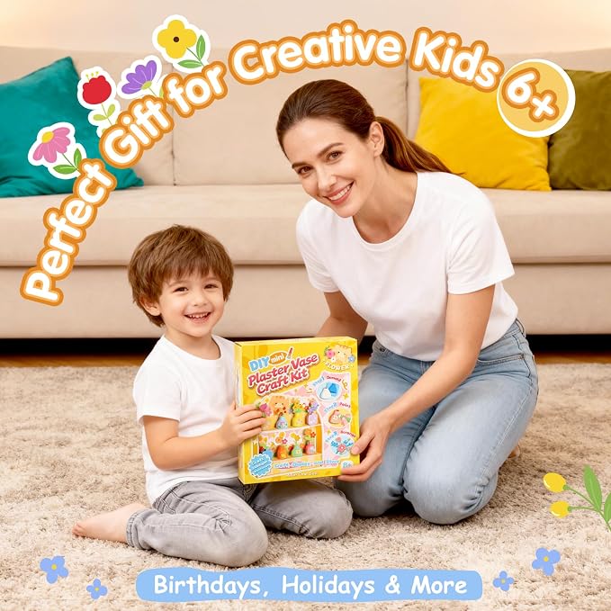 Crelloci DIY Mini Plaster Flower Vase Craft Kit β 3D Painting & Flower Arranging Toy for Kids β Creative Arts and Crafts Set for Girls Ages 3-8, Preschool Art Gift