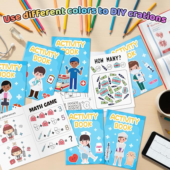 Bulk Medical Activity Books for Kids - 48Pcs Doctor Nurse Theme Mini Games Coloring Book Set Medical Coloring Booklet Include Mazes Word Search Word Scramble Games for Classroom DIY Art Party Favors