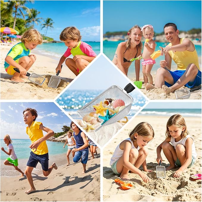 Beach Mesh Shovel for Shell Collecting, Stainless Steel Sand Sifter Scoop for Kids, Sand Scooper Beach Toy for Seashells, Shark Teeth, Sea Glass & Treasure Hunt, Black